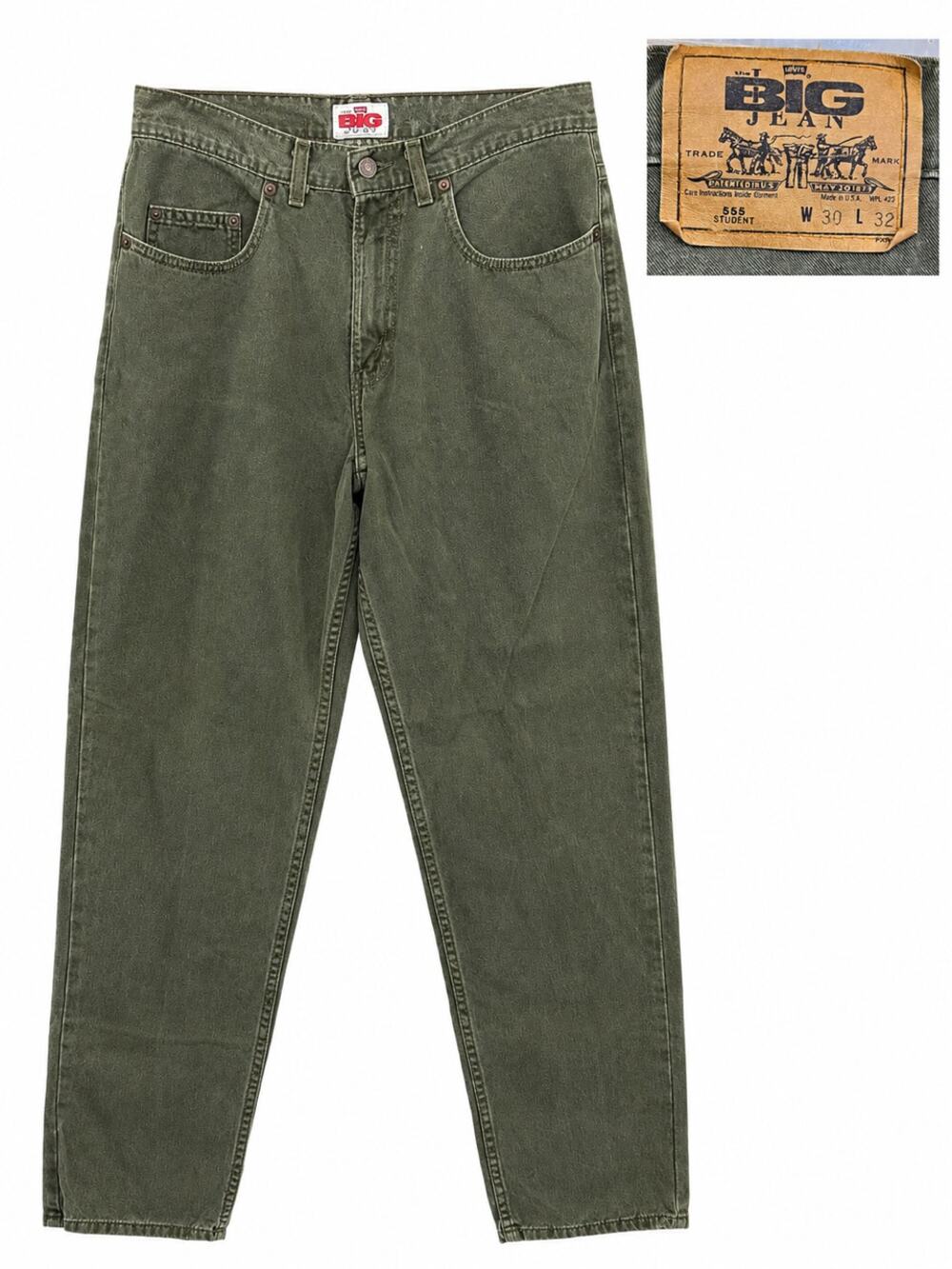 Levis 555 Big Jean Student Jeans USA Made Olive Green Straight Leg W30 L32